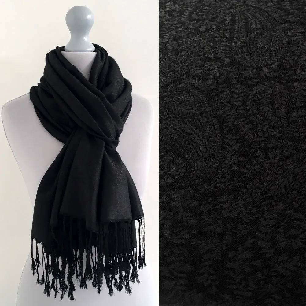 BLACK PAISLEY PRINT REVERSIBLE PASHMINA SHAWL SCARF