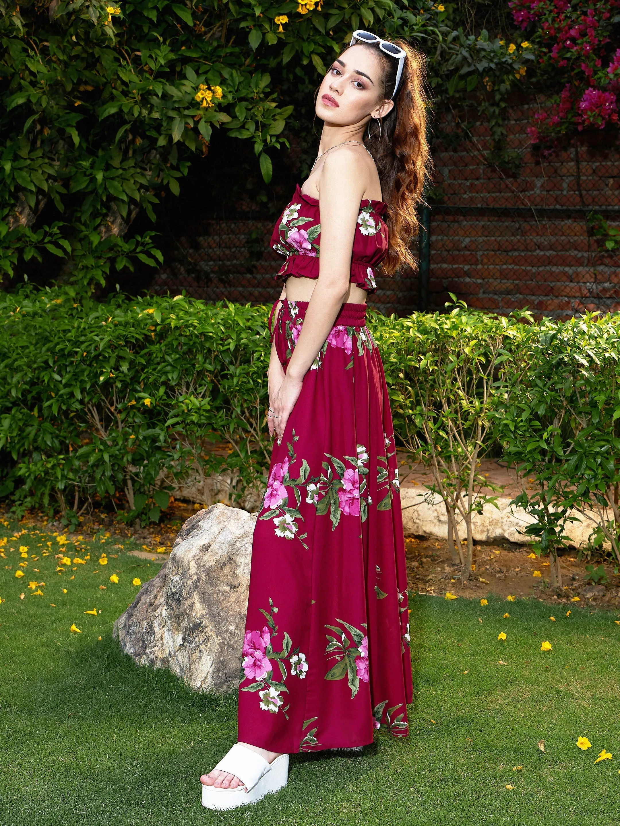 Women Maroon Floral Tube Top With Maxi Skirt